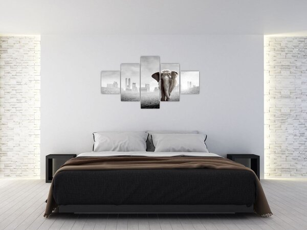 Obraz - Słonie w wielkim mieście, wersja czarno - biała (125x70 cm)