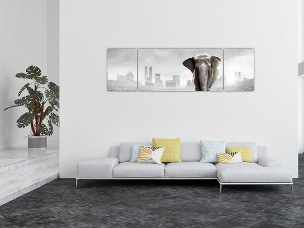 Obraz - Słonie w wielkim mieście, wersja czarno - biała (170x50 cm)