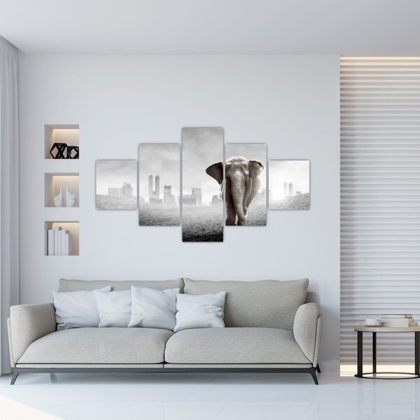 Obraz - Słonie w wielkim mieście, wersja czarno - biała (125x70 cm)