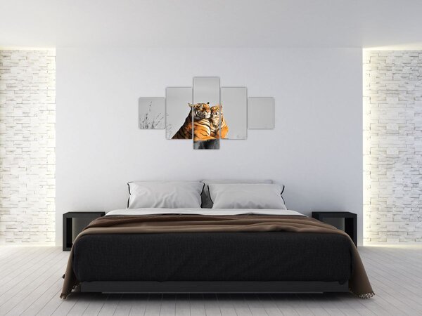 Obraz - Tygrysica i jej młode, wersja czarno - biała (125x70 cm)