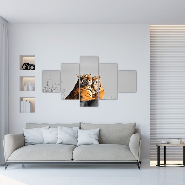 Obraz - Tygrysica i jej młode, wersja czarno - biała (125x70 cm)
