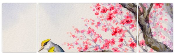 Obraz - ptak na drzewie z czerwonymi kwiatami (170x50 cm)