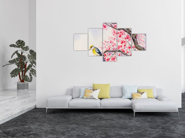 Obraz - ptak na drzewie z czerwonymi kwiatami (125x70 cm)