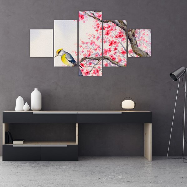 Obraz - ptak na drzewie z czerwonymi kwiatami (125x70 cm)