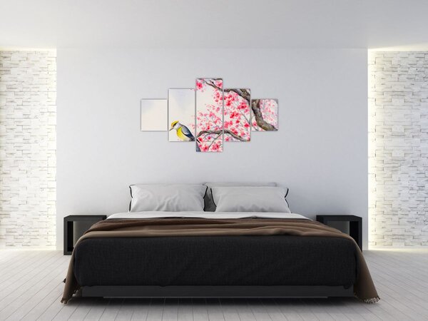 Obraz - ptak na drzewie z czerwonymi kwiatami (125x70 cm)