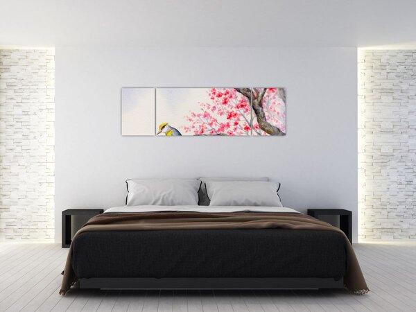 Obraz - ptak na drzewie z czerwonymi kwiatami (170x50 cm)