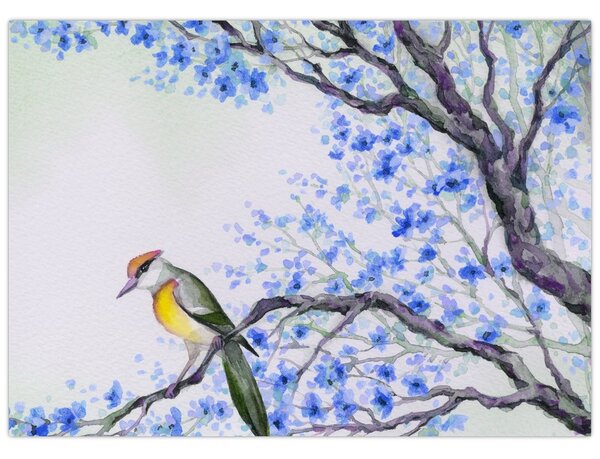 Obraz - ptak na drzewie z niebieskimi kwiatami (70x50 cm)