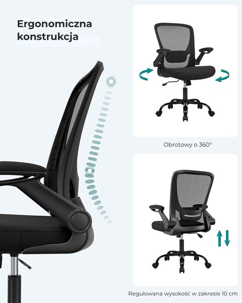 Krzesło biurowe ERGO ze składanymi podłokietnikami, maks. 120 kg, czarne SongmicsHome
