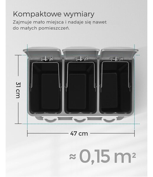 Kosz do segregacji odpadów SORT, 24l (3x8l), szara/biała SongmicsHome