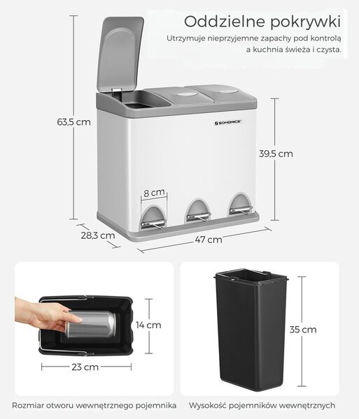 Kosz do segregacji odpadów SORT, 24l (3x8l), szara/biała SongmicsHome