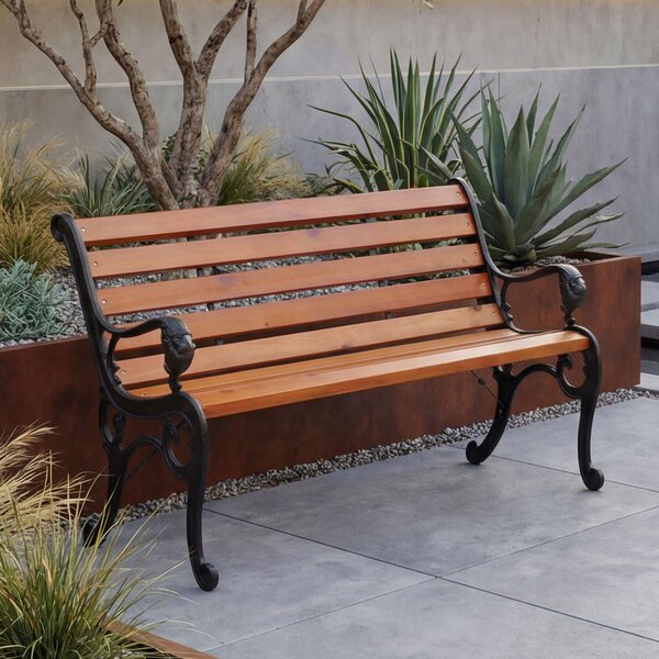 Ławka ogrodowa HWC-O25, ławka parkowa, ławka drewniana 2-osobowa, żeliwo, drewno sosnowe, 132 cm ~ teak