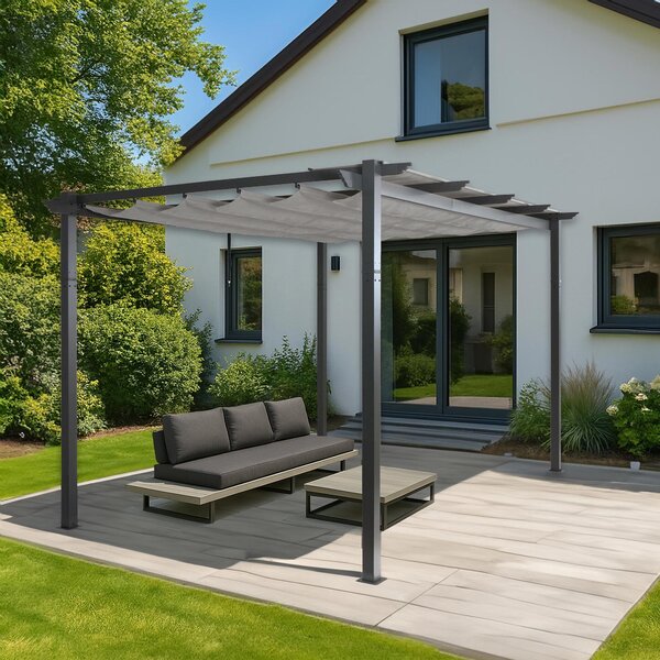 Pergola aluminiowa HWC-N93, pawilon ogrodowy altana ogrodowa, stabilna rama 8cm rozsuwany dach UV50+ 3x4m ~ szary