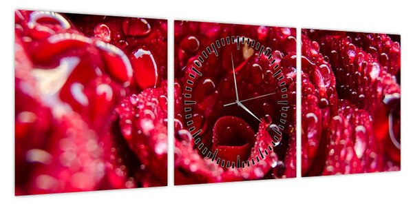 Obraz czerwonego kwiatu róży (z zegarem) (90x30 cm)