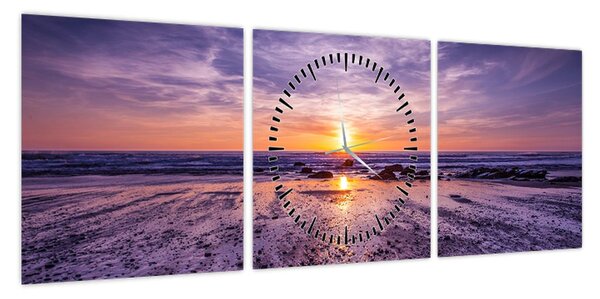 Obraz plaży - zachód słońca (z zegarem) (90x30 cm)