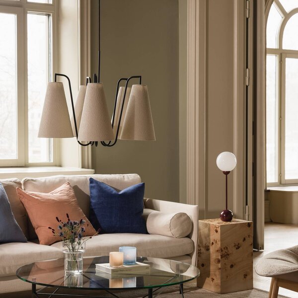 Globen Lighting Lampa wisząca Lou Bouclé 5, możliwość ściemniania, biały / opal, salon / jadalnia, tkanina / materiał / jedwab, design