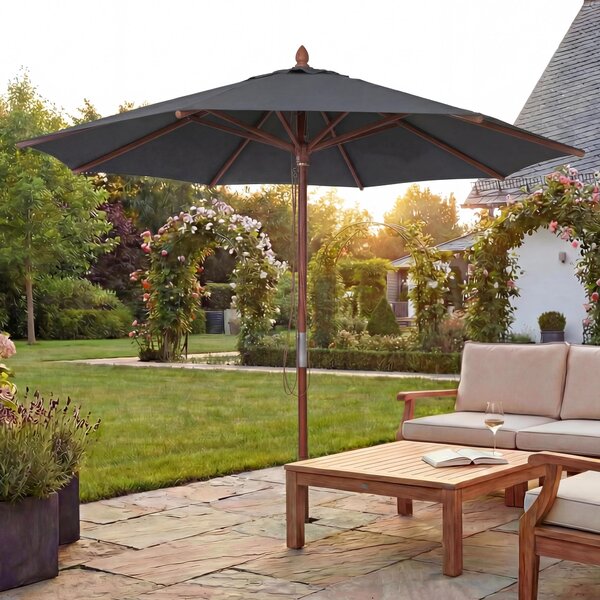 Parasol ogrodowy HWC-C57b, parasol ogrodowy, poliester/drewno 14 kg, okrągły Ø3 m, linkowy, odporny na uderzenia ~ antracytowy