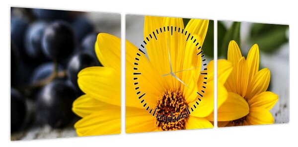 Obraz żółtych kwiatów (z zegarem) (90x30 cm)