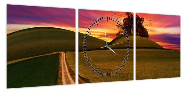 Obraz pola z zachodem słońca (z zegarem) (90x30 cm)