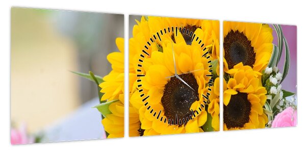 Obraz bukietu ślubnego ze słoneczników (z zegarem) (90x30 cm)