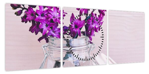 Obraz fioletowych kwiatów (z zegarem) (90x30 cm)