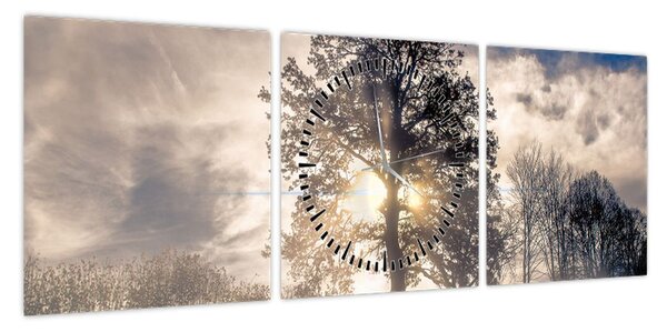 Obraz drzewa we mgle (z zegarem) (90x30 cm)