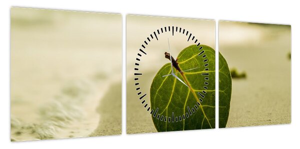 Obraz liścia w piasku (z zegarem) (90x30 cm)