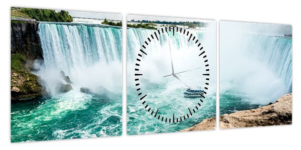 Obraz wodospadów z łodzią (z zegarem) (90x30 cm)