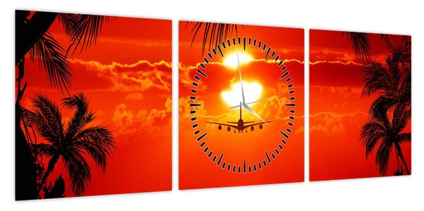 Obraz - zachód słońca z samolotem (z zegarem) (90x30 cm)