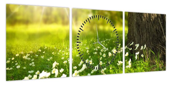 Obraz polany i kwiatów (z zegarem) (90x30 cm)