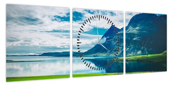 Obraz jeziora z górami (z zegarem) (90x30 cm)