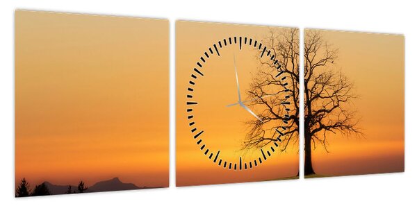 Obraz zachodu słońca na łące (z zegarem) (90x30 cm)