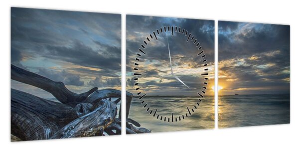 Obraz morza o zachodzie słońca (z zegarem) (90x30 cm)