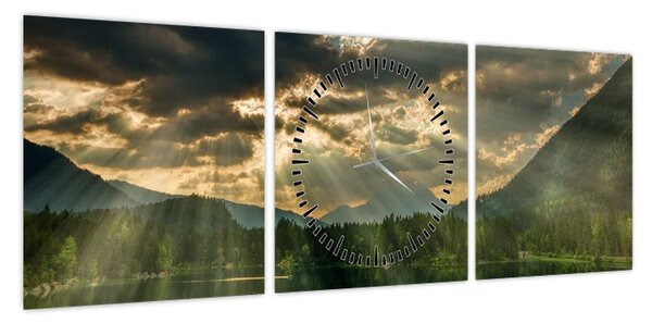 Obraz jeziora, przez które prześwieca słońce (z zegarem) (90x30 cm)