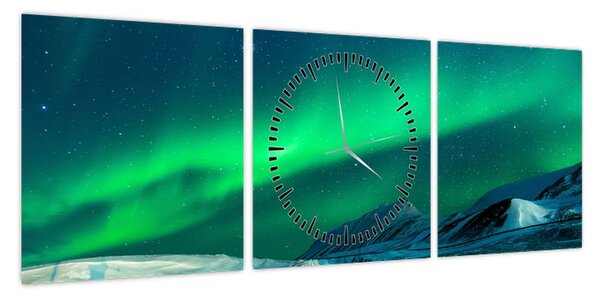 Obraz ludzi w pobliżu zorzy polarnej (z zegarem) (90x30 cm)
