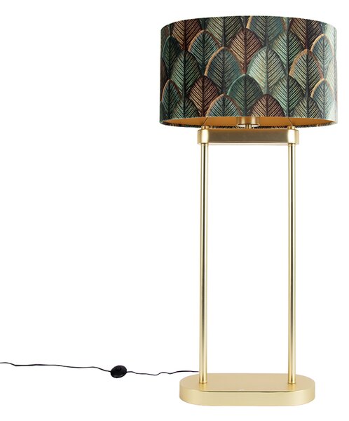 Mosiężna lampa podłogowa z owalnym abażurem z motywem liści i złotym wnętrzem 35 cm - Thijmen
