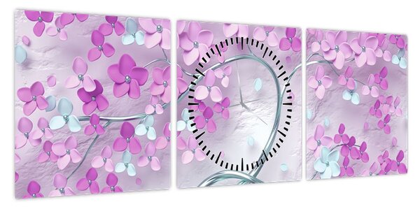 Obraz kwiatów na srebrnej łodydze - abstrakcja (z zegarem) (90x30 cm)