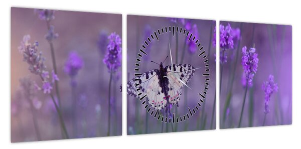Obraz - Motyl w lawendach (z zegarem) (90x30 cm)