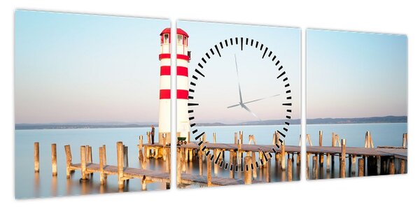 Obraz latarni morskiej o świcie (z zegarem) (90x30 cm)