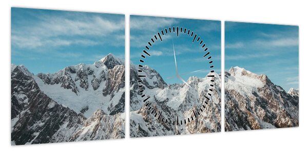 Obraz ośnieżonych szczytów, Fiordland (z zegarem) (90x30 cm)