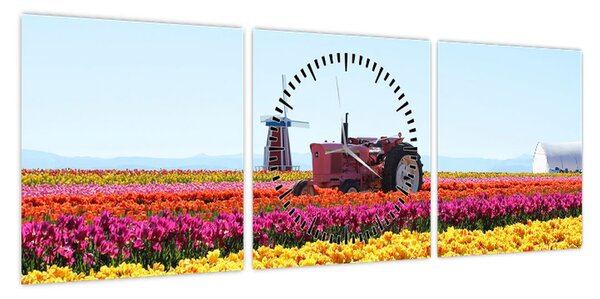 Obraz farmy tulipanów (z zegarem) (90x30 cm)