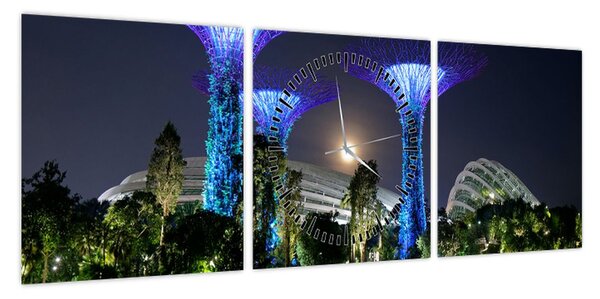 Obraz przedstawiający pełnię księżyca w ogrodach Singapuru (z zegarem) (90x30 cm)