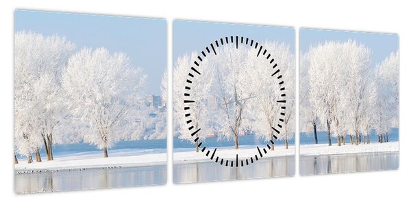 Obraz zimowego krajobrazu (z zegarem) (90x30 cm)