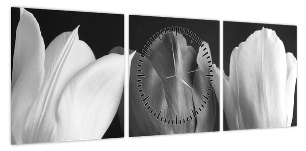 Obraz - Czarno - białe kwiaty tulipanów (z zegarem) (90x30 cm)