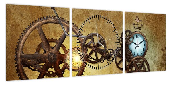 Obraz starych mechanizmów zegarowych (z zegarem) (90x30 cm)