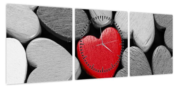Obraz drewnianych serc (z zegarem) (90x30 cm)