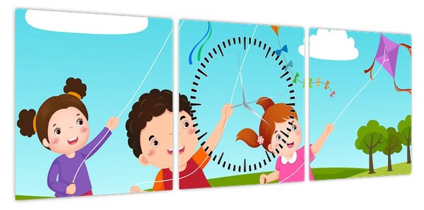 Obraz - Dzieci latają latawcem (z zegarem) (90x30 cm)