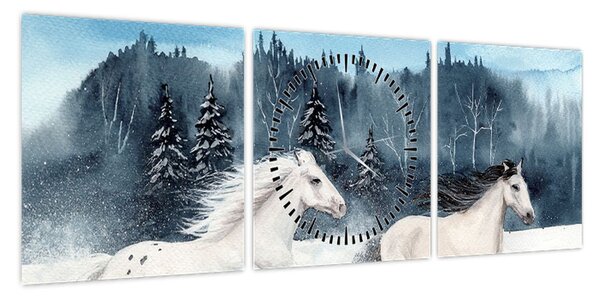 Obraz malowanych koni (z zegarem) (90x30 cm)