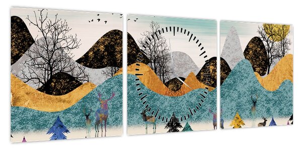 Obraz graficzny z jeleniem (z zegarem) (90x30 cm)
