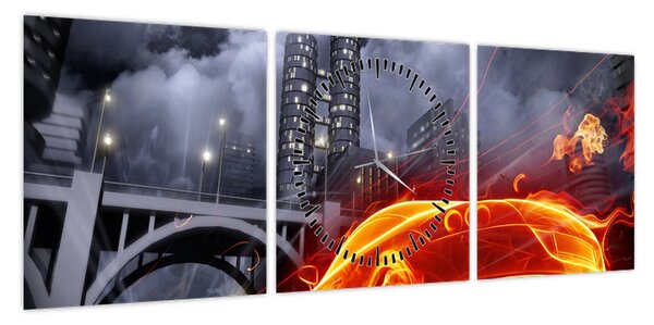 Obraz płonącego samochodu (z zegarem) (90x30 cm)