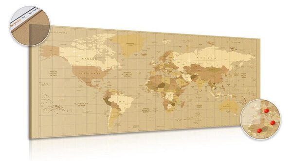 Obraz na korku mapa świata w kolorze beżowym